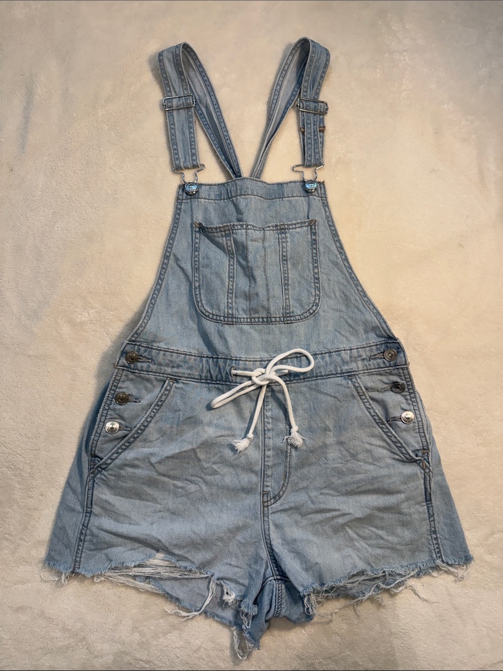 American Eagle light denim overall cutoff shorts with drawstring waist. M.